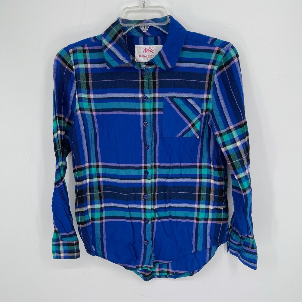 Justice Girl's Blue Plaid Long Sleeve Button Front School Shirt Top Size 14-16